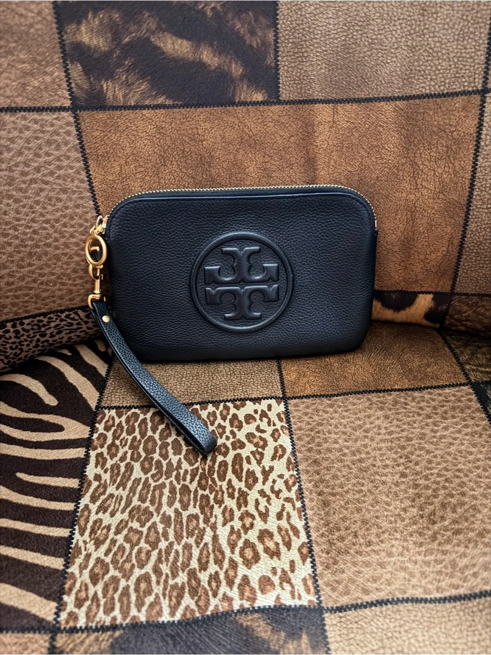 Tory Burch Black Miller Pebbled Leather Wristlet with Logo